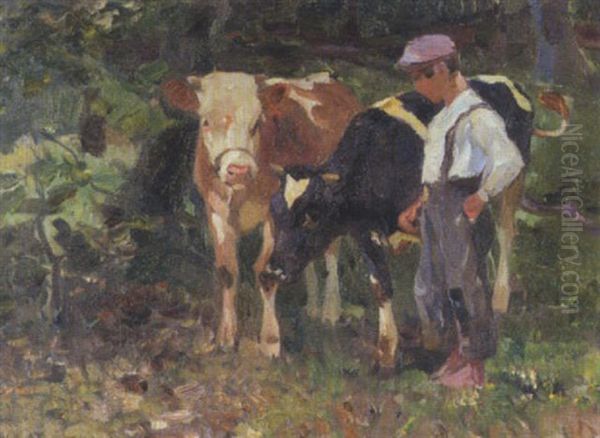 Knecht Mit Zwei Kuhen Oil Painting by Max Bergmann