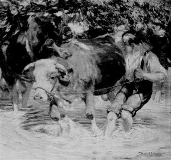 Ein Bauernjunge Mit Rindern In Der Furt Oil Painting by Max Bergmann