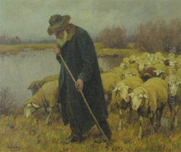 Schafer Mit Seiner Herde Am Ufer Eines Teiches In Herbstlicher Landschaft Oil Painting by Max Bergmann