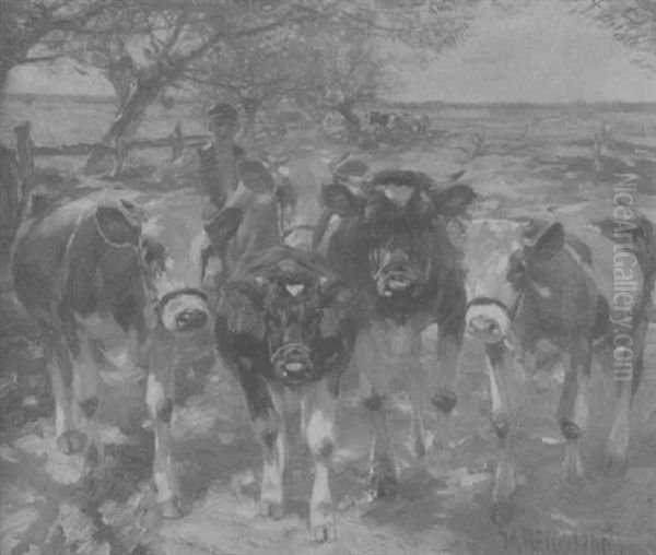 Ein Hirte Fuhrt Seine Kuhherde Uber Einen Sandigen, Sonnenbeschienenen Feldweg Oil Painting by Max Bergmann