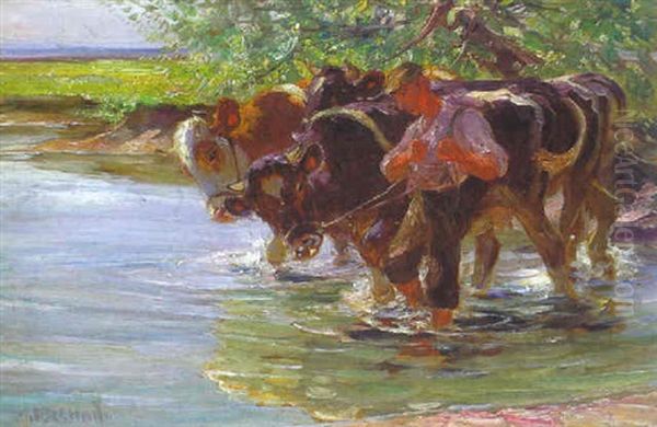 Kuhe Am Altrhein Oil Painting by Max Bergmann