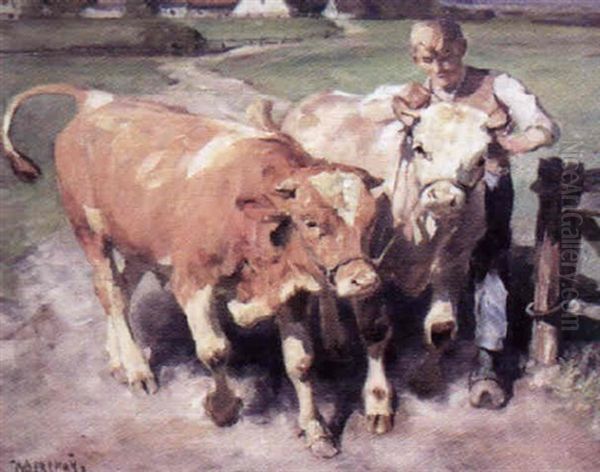 Junge Mit Kuhen Oil Painting by Max Bergmann