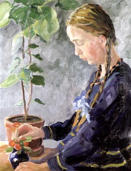 Madchen Mit Blumen Oil Painting by Max Bergmann