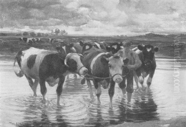 Ein Bauer Fuhrt Seine Kuhherde Durch Eine Furt Oil Painting by Max Bergmann