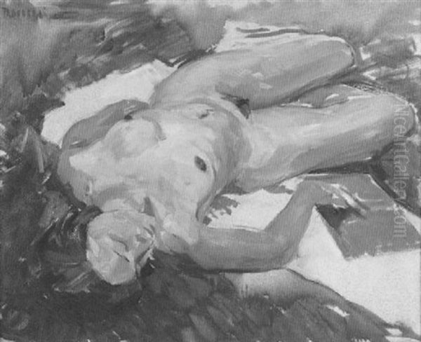 Liegender Akt Mit Rotem Tuch Oil Painting by Max Bergmann