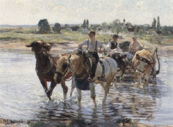 Ochsengespann Und Pferde Beim Sberqueren Eines Fluses Oil Painting by Max Bergmann