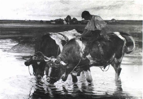 Working Cattle Watering In A Meadow Oil Painting by Max Bergmann