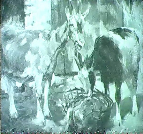 Ziegenpaar Am Futterkorb Vor Geoffneter Stalltur Oil Painting by Max Bergmann