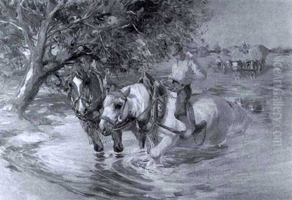 Pferdeknecht Mit 2 Gespannpferden... Oil Painting by Max Bergmann