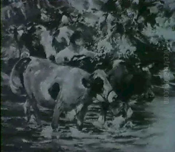 Viehherde Am Flussufer Oil Painting by Max Bergmann