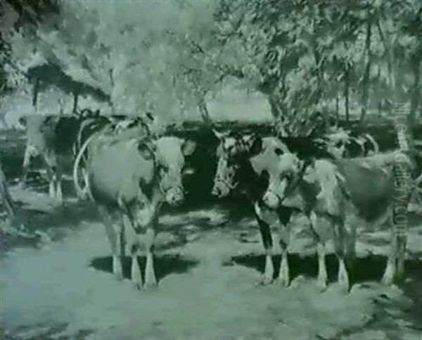 Kuhe Und Ochsen Bei Der Futterstelle Unter Baumen, Im       Hintergrund Durch Die Baume Hindurchschimmernd Flusslauf Oil Painting by Max Bergmann