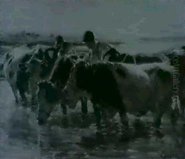 Bauernburschen Mit Fleckvieh In Der Tranke Am Altrhein Bei  Worth Oil Painting by Max Bergmann