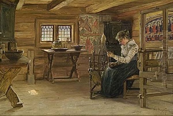 Vid Spinnrocken Oil Painting by Alfred Mauritz Bergstroem