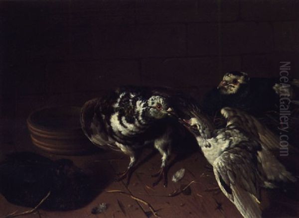 A Pigeon Feeding Her Young In A Courtyard Oil Painting by Antoine Berjon