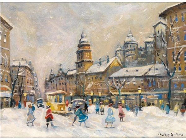 Winter In Paris Oil Painting by Antal Berkes