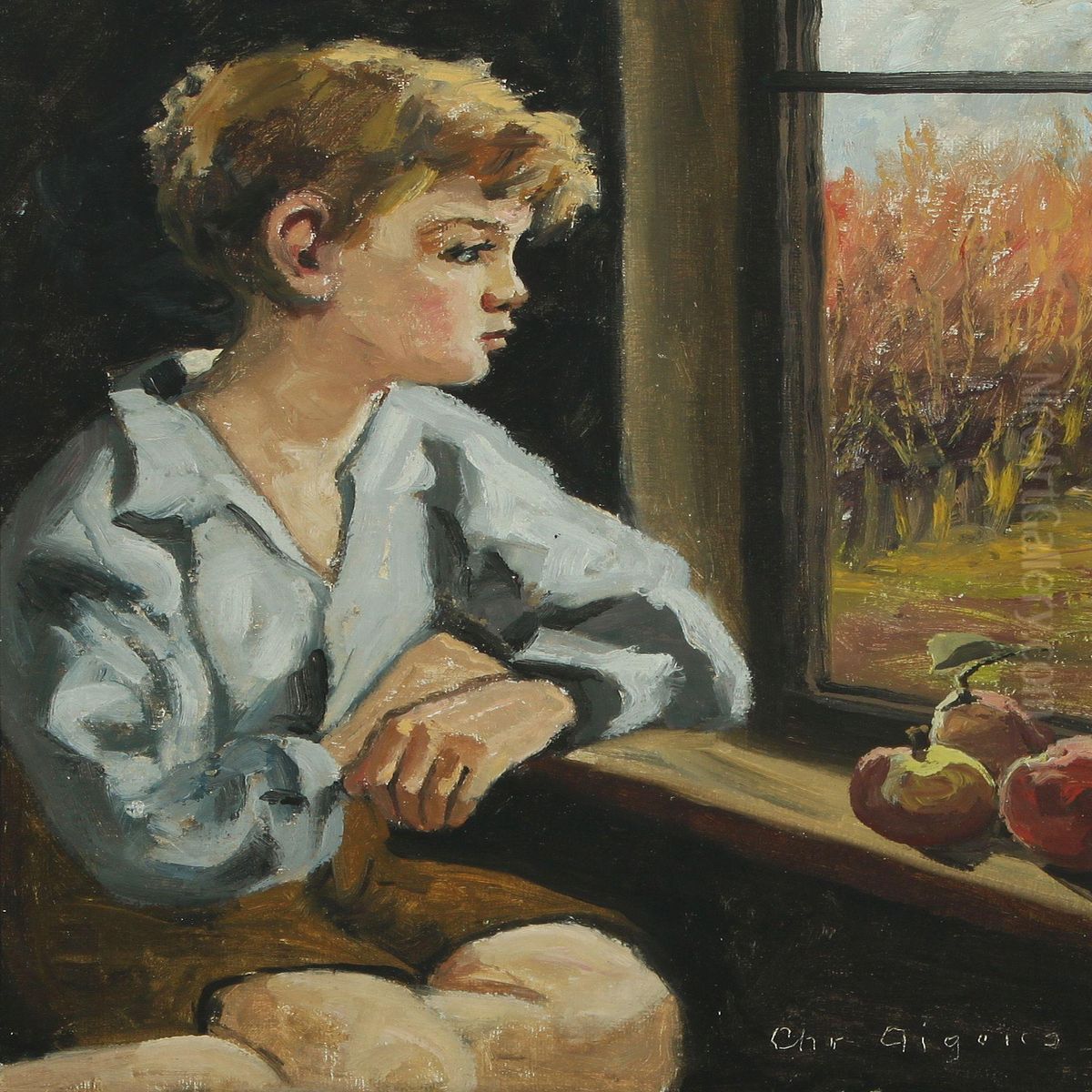 A Boy Sitting By The Window Oil Painting by Christian Aigens