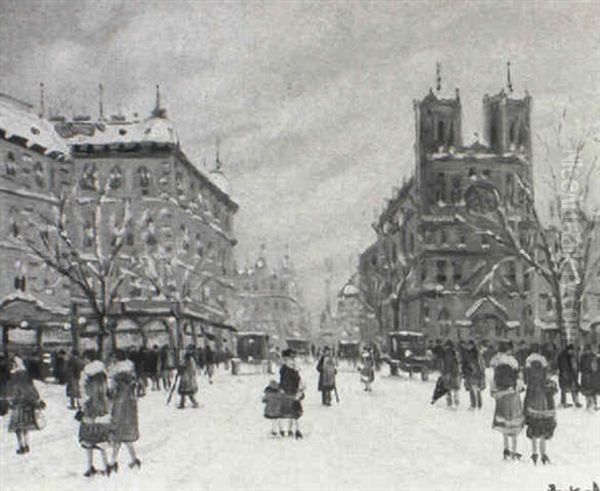 Winter Boulevard Oil Painting by Antal Berkes