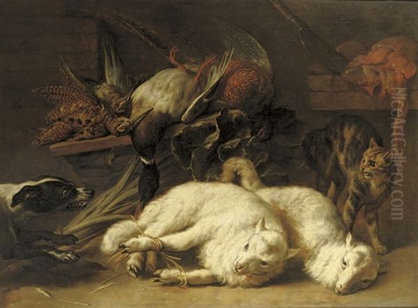 Game Including A Duck And A Grouse On A Wooden Ledge Oil Painting by Nicasius Bernaerts