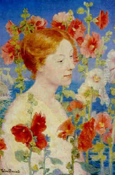 Jeune Fille Aux Fleurs Rouges Avec Un Portique Antique A L'arriere-plan Oil Painting by Valere Bernard