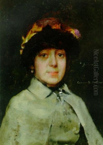 Portraet Af Antonia I Brun Strahat Med Gyldent Band Samt Gra Frakke Med Slag Oil Painting by Gunnar Fredrik Berndtson