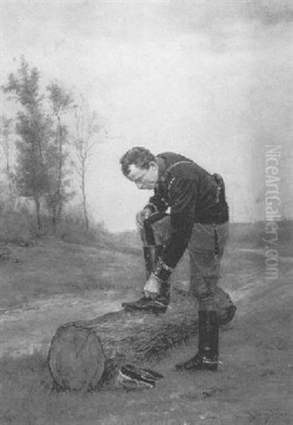 Adjusting His Spurs Oil Painting by Etienne Prosper Berne-Bellecour