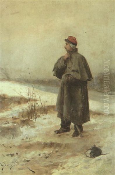 A Lone Infantry Soldier In A Winter Landscape Oil Painting by Etienne Prosper Berne-Bellecour