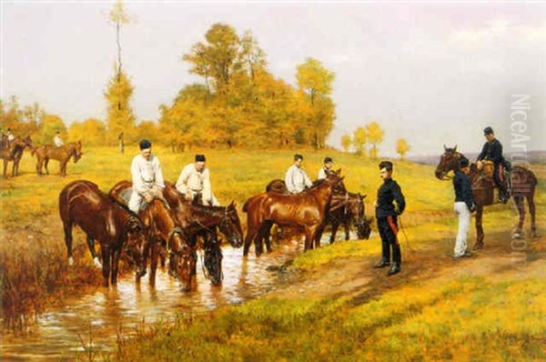 After The Manoeuvers Oil Painting by Etienne Prosper Berne-Bellecour