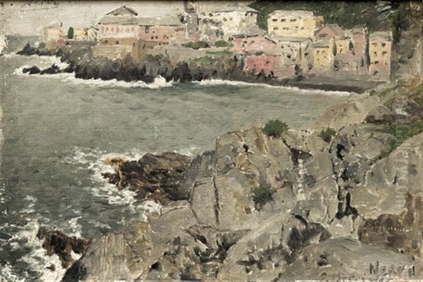 Blick Auf Nervi An Der Ligurischen Kuste (+ Die Kuste Bei Nervi, Study; 2 Works) Oil Painting by Edmund Berninger