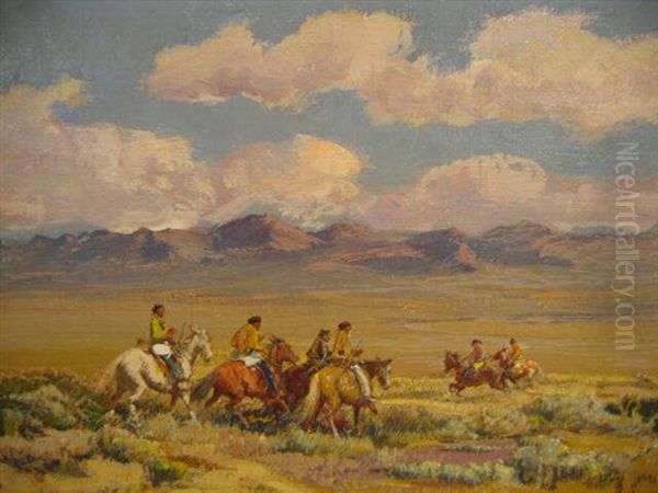 Indians On A Rabbit Hunt Oil Painting by Oscar Edmund Berninghaus