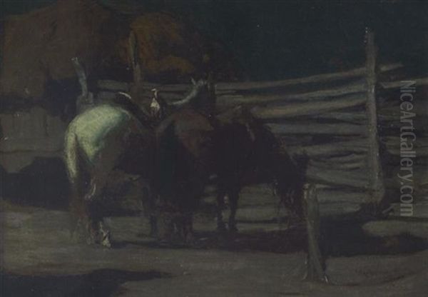 In The Corral Oil Painting by Oscar Edmund Berninghaus