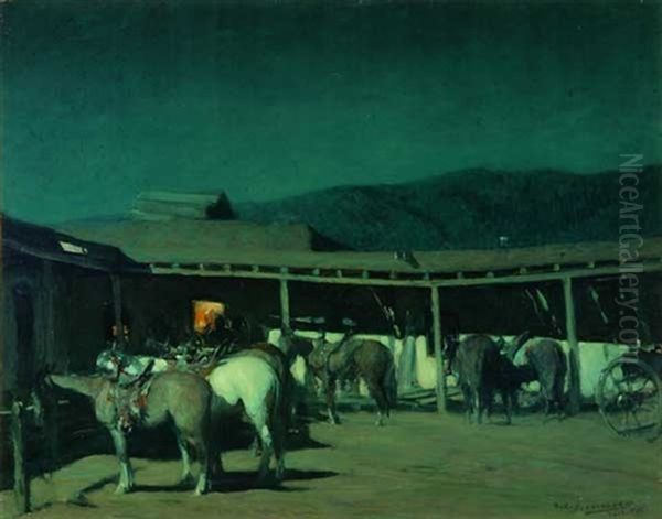 Horses At A Nocturnal Adobe Scene Oil Painting by Oscar Edmund Berninghaus