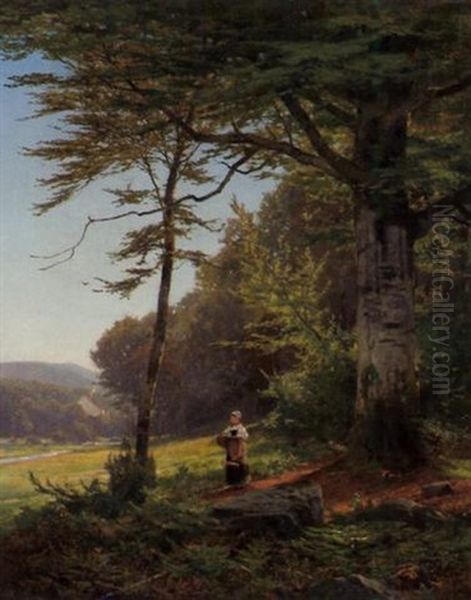 Bauernmadchen Am Waldrand Oil Painting by Ernst Von Bernuth
