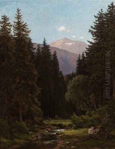 Hochgebirgstal Mit Rehwild Am Bach Oil Painting by Ernst Von Bernuth