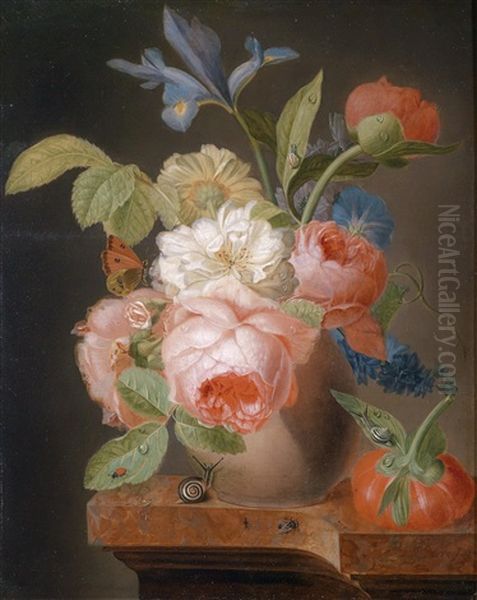 Blumenstuck Mit Rosen, Mohn, Schwertlilie, Wicken Und Schnecken Oil Painting by Jean Baptiste Berre