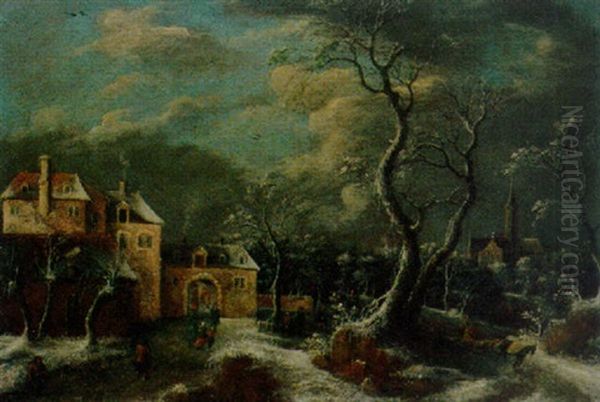 A Winter Landscape With Figures Walking On A Frozen Path Oil Painting by Anthony Berstraten