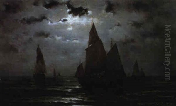 Nachtlicher Fischfang Oil Painting by Pierre Emile Berthelemy
