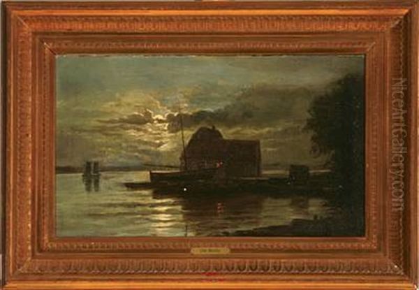 A Fishing Village In Moonlight Oil Painting by Christian Bernh. Severin Berthelsen