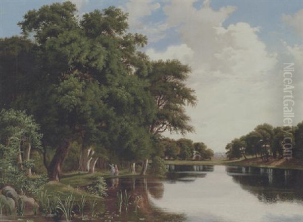 To Unge Piger Med Lange Gevandter Pa Spadseretur I Jaegersborg Dyrehave Oil Painting by Christian Bernh. Severin Berthelsen