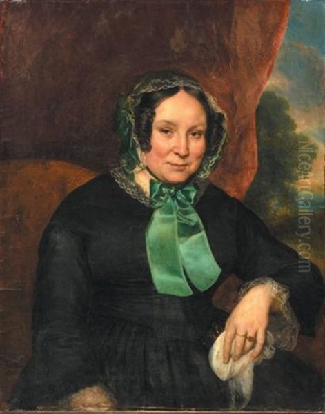 Portait De Dame Au Noeud Vert Sur Fond De Paysage Oil Painting by Rene Theodore Berthon