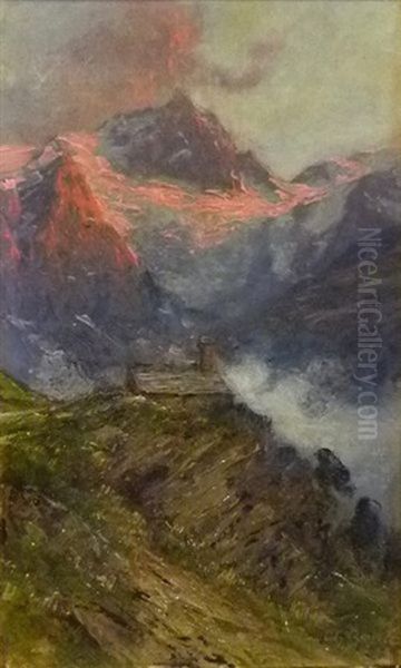 La Meije Vue Des Hauteurs De La Grave, Soleil Couchant Oil Painting by Charles Alexandre Bertier