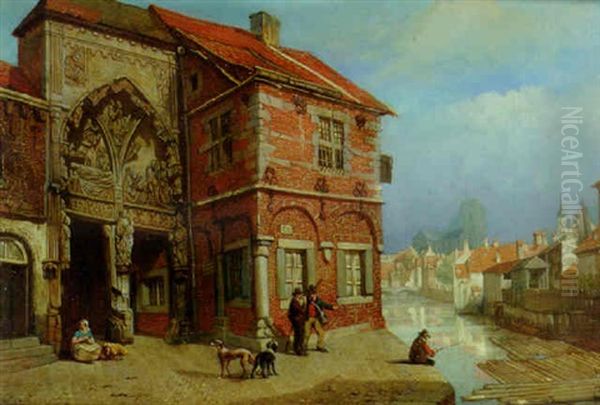 View Of Reims With A Gothic Gate On A Canal Oil Painting by Francois-Edouard Bertin