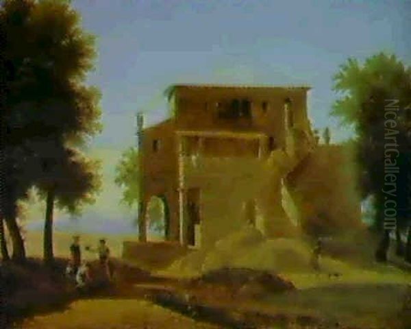 Figures In A Classical Landscape Oil Painting by Francois-Edouard Bertin