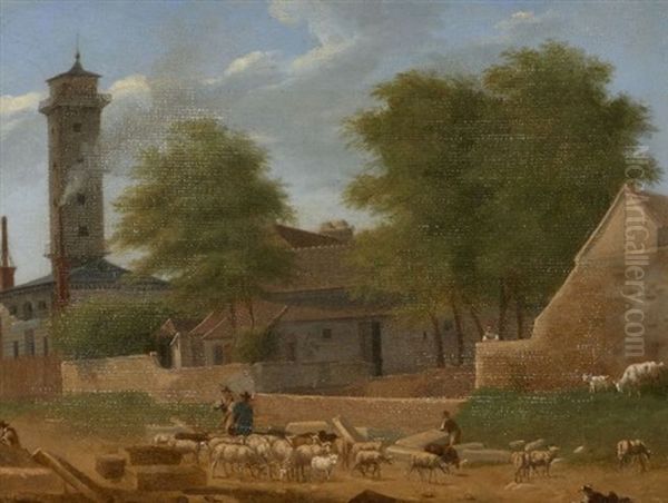 Vue Prise Pres De La Barriere De La Cunette Avec La Pompe A Feu Du Gros Caillou Oil Painting by Jean Victor Bertin