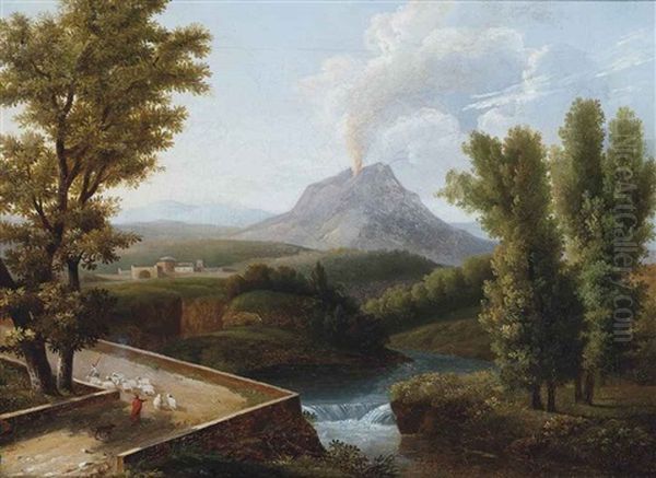 A Wooded River Landscape With A Shepherd And His Flock, Vesuvius Erupting Beyond Oil Painting by Jean Victor Bertin