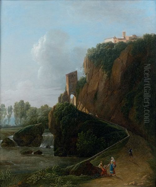Paysage Italien A La Cascade Anime De Promeneurs Oil Painting by Jean Victor Bertin