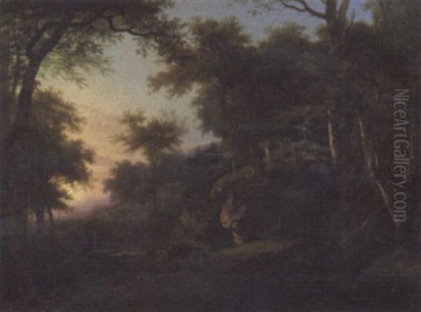 Wooded Landscape With Two Figures Beside A Stream Oil Painting by Jean Victor Bertin