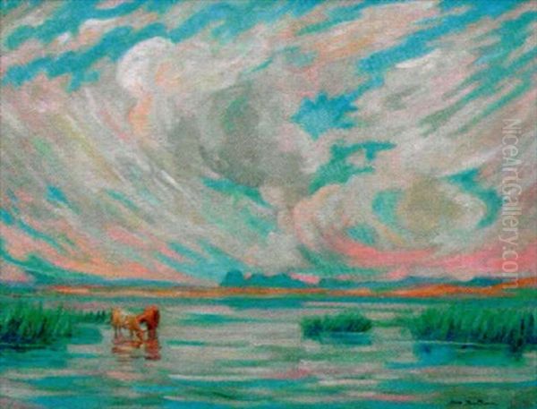 Paysage A L'etang Et Aux Deux Vaches Oil Painting by Abel Bertram