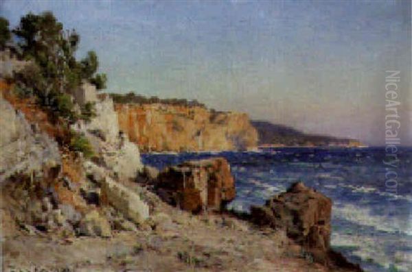 A Rocky Coastal Landscape Oil Painting by Paulin Andre Bertrand