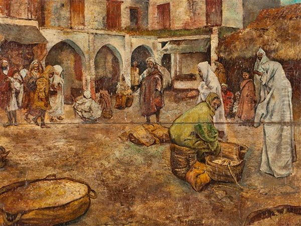 Moroccan Market Scene Oil Painting by Mariano Bertuchi