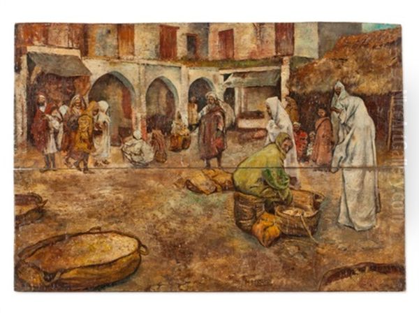 Moroccan Market Scene Oil Painting by Mariano Bertuchi